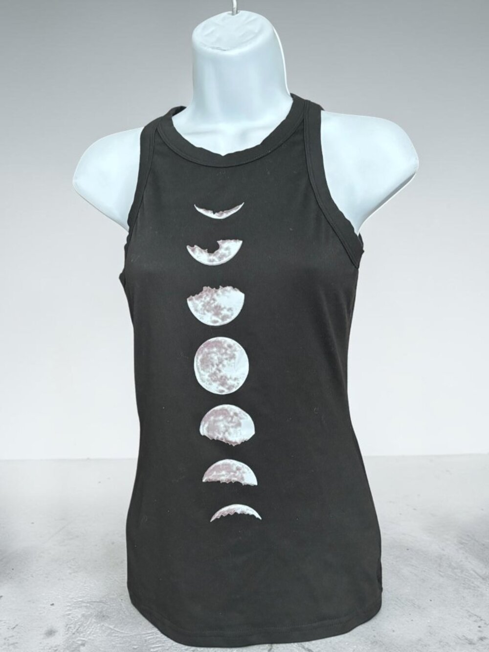 Moon Phase Graphic Black Tank Top - ChicMe Womens Sleeveless Shirt Small Cotton